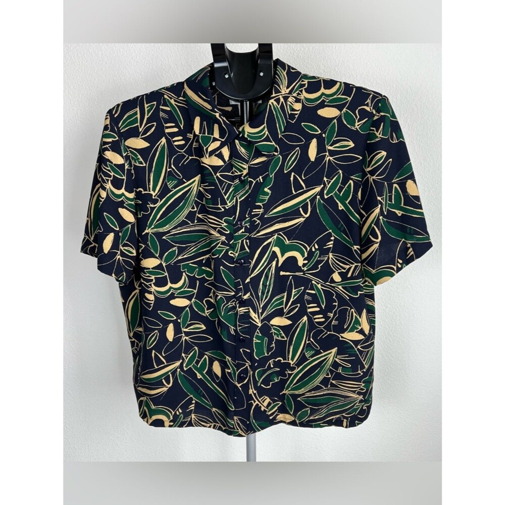 VTG Pendleton Blouse Shirt Sz 14‎ Navy Green Floral Leaf Resortwear Vacation